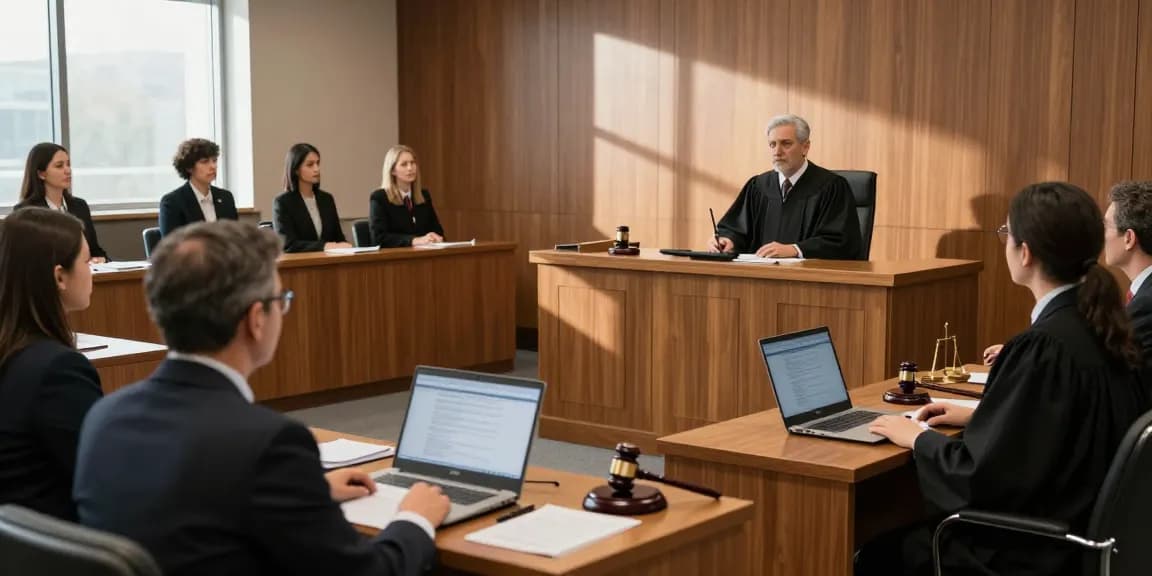 Professional courtroom scene featuring rokok88 trial proceedings with judge, attorneys, and jury.