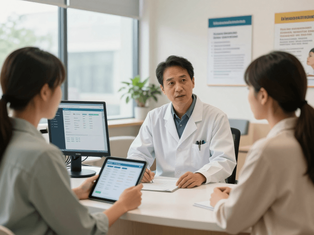 Gesundheitswesen Arzt mit Patient in moderner Praxis, digitale Ressourcen zur Barrierefreiheit sichtbar