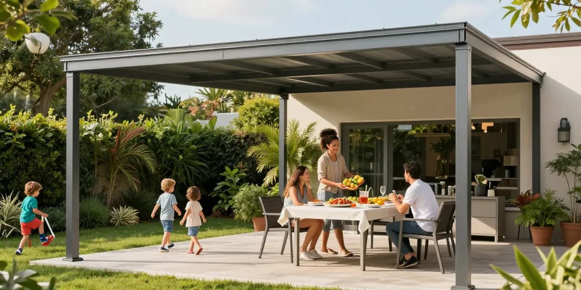 Moderne Terrassenüberdachung im Freien, Familie genießt die Sonne.