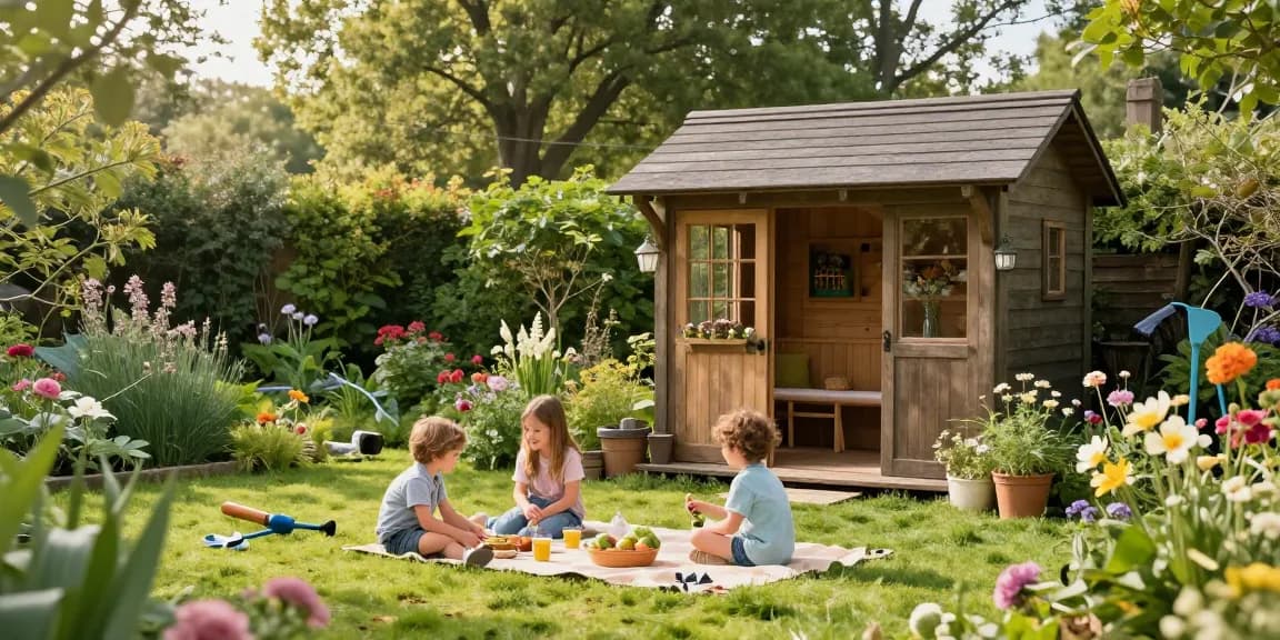 Ein stilvolles Gartenhaus umgeben von Blumen und Spielmöglichkeiten für Familien.