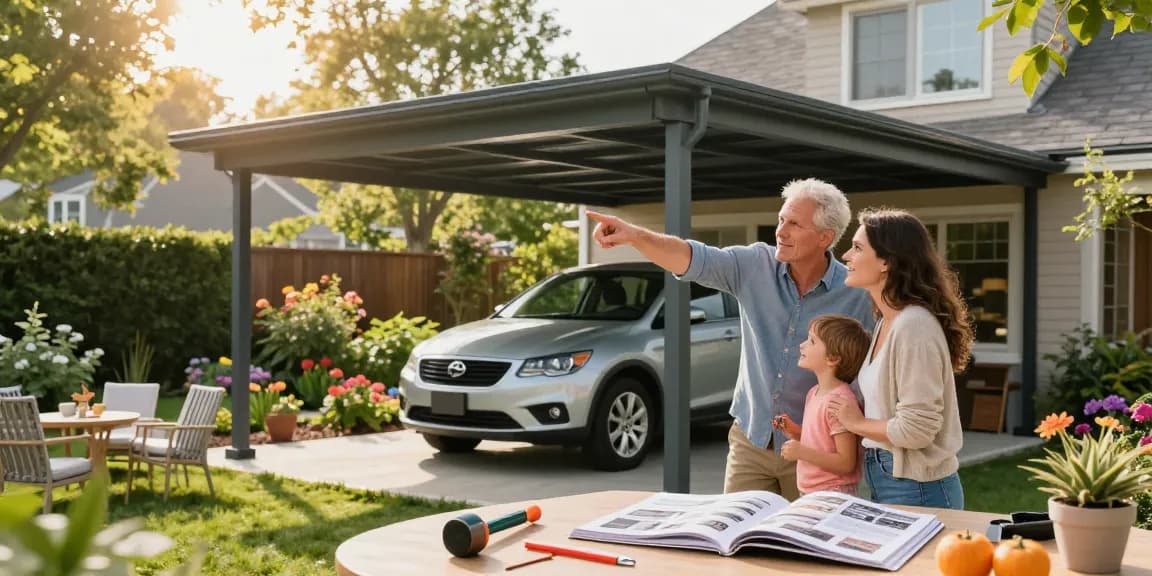 Moderne Carport-Design für Familie, das Fahrzeug untergebracht und Garten im Hintergrund.